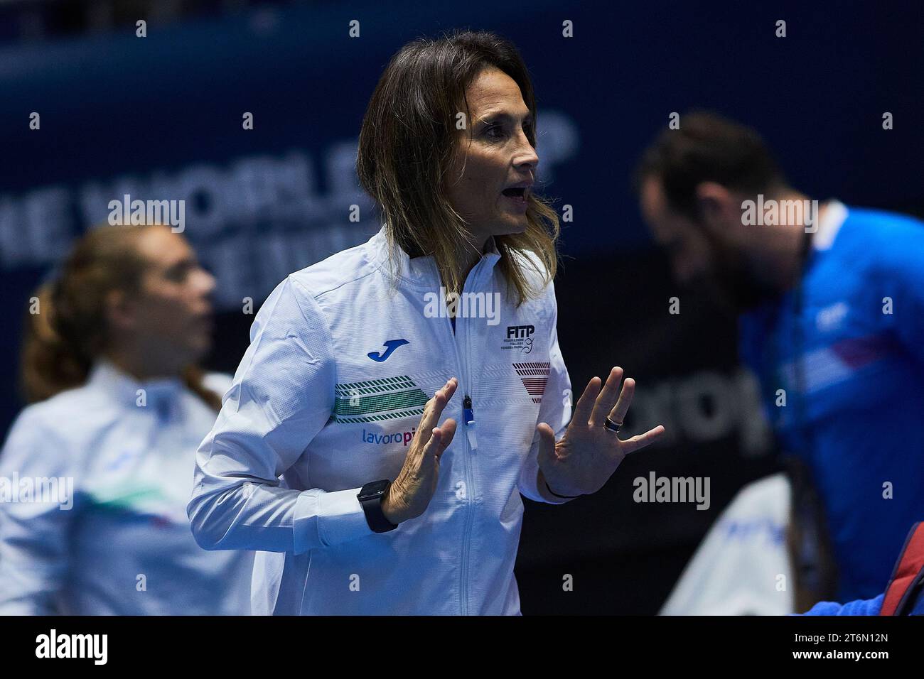 Sevilla, Spain, 11th November 2023. Tathiana Garbin captain of Italy in the match Tamara Zidansek of Slovenia again Jasmine Paolini of Italy in the Billie Jean King Cup Finals in Sevilla. Credit: Omar Arnau Stock Photo