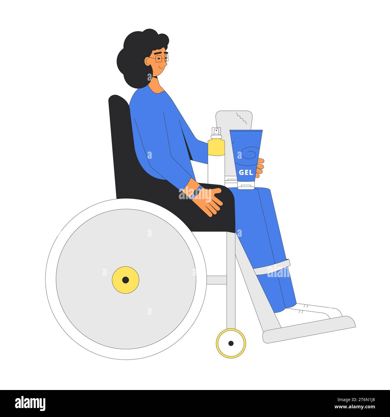 Wheelchair woman with shampoo, gel, spray for hair isolated on white