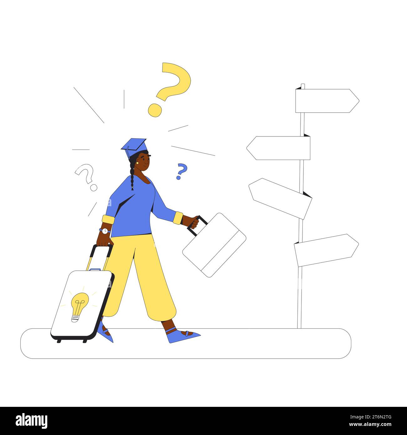 Young woman standing at crossroads. Graduate looking at singpost. Confused person thinking about the right path. Vector illustration in line art style Stock Vector