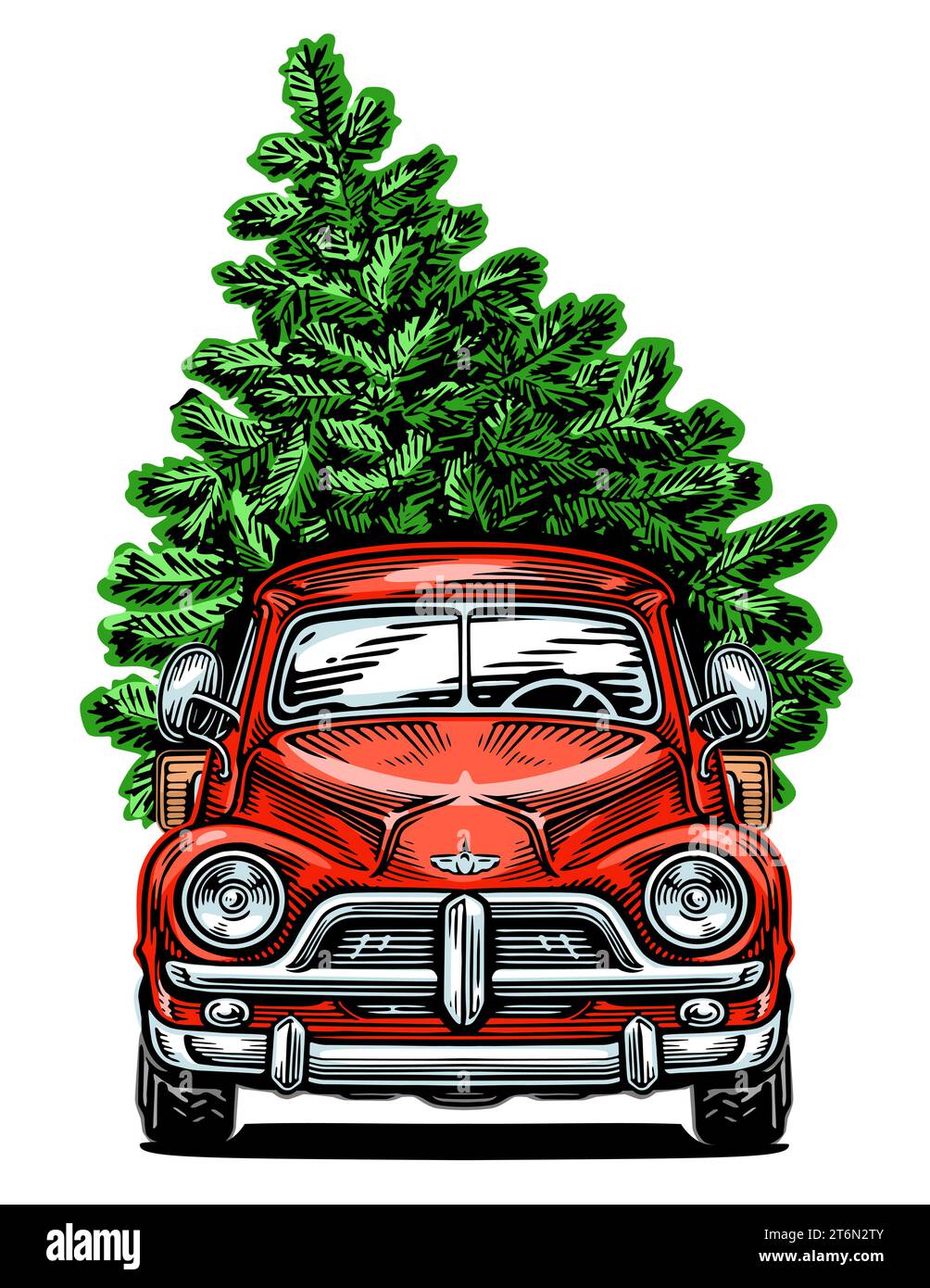Retro car carries the Christmas tree. Happy New Year and Merry Christmas. Hand drawn vector illustration Stock Vector