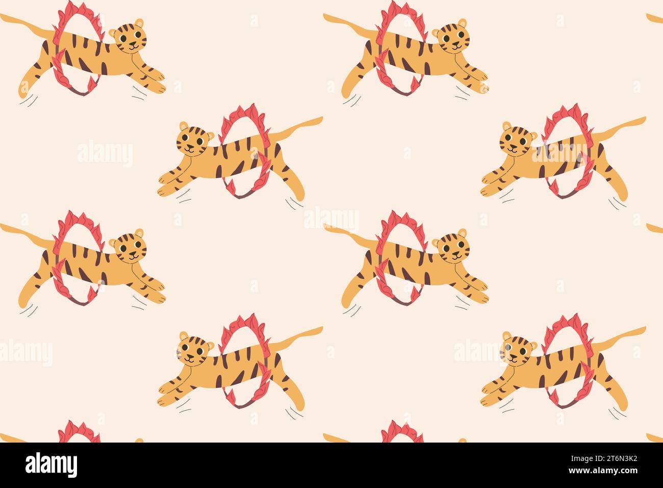 cartoon trendy vintage pattern with jumping tiger Stock Vector