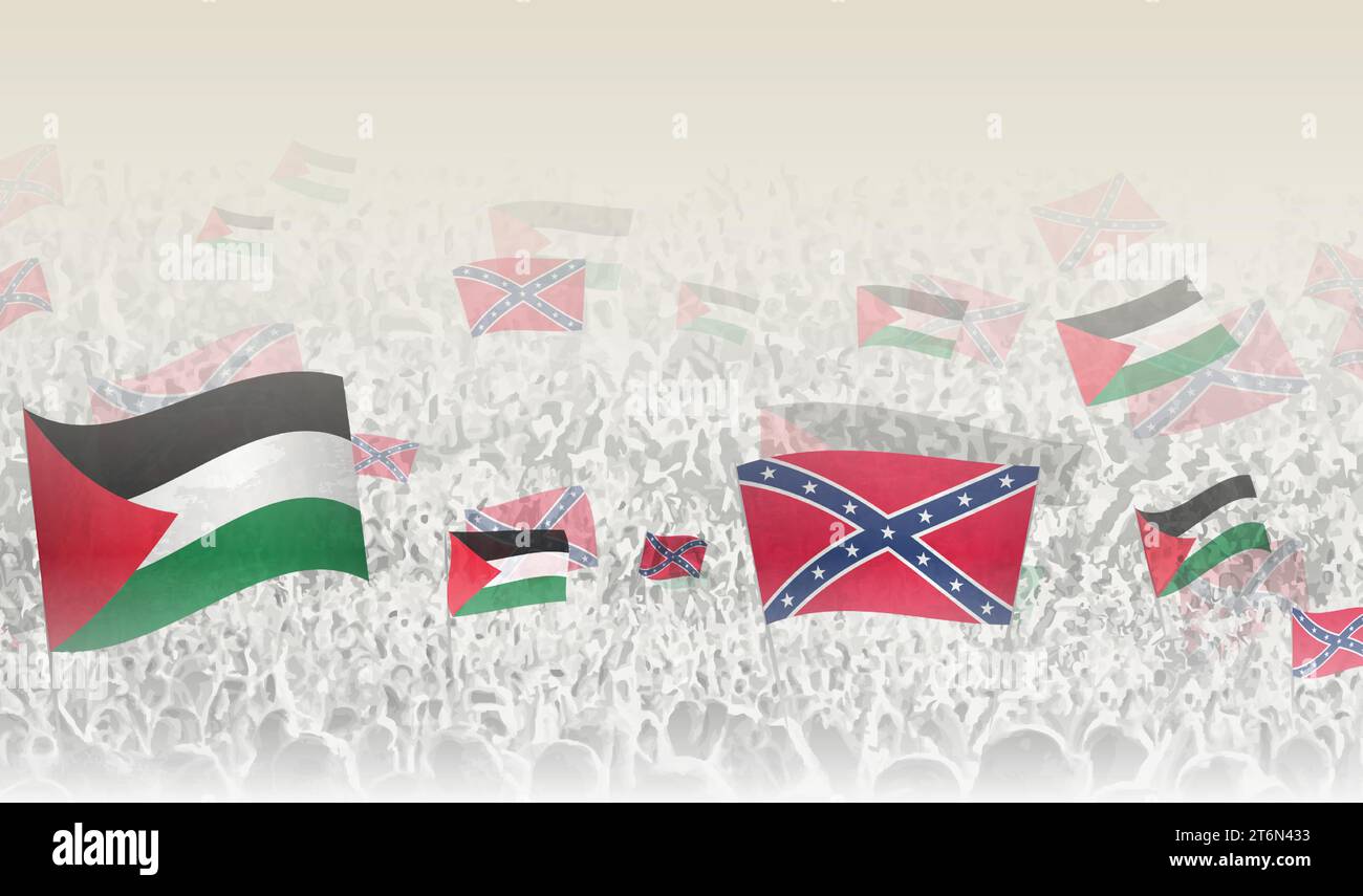 Palestine and Confederate flags in a crowd of cheering people. Crowd of people with flags. Vector illustration. Stock Vector
