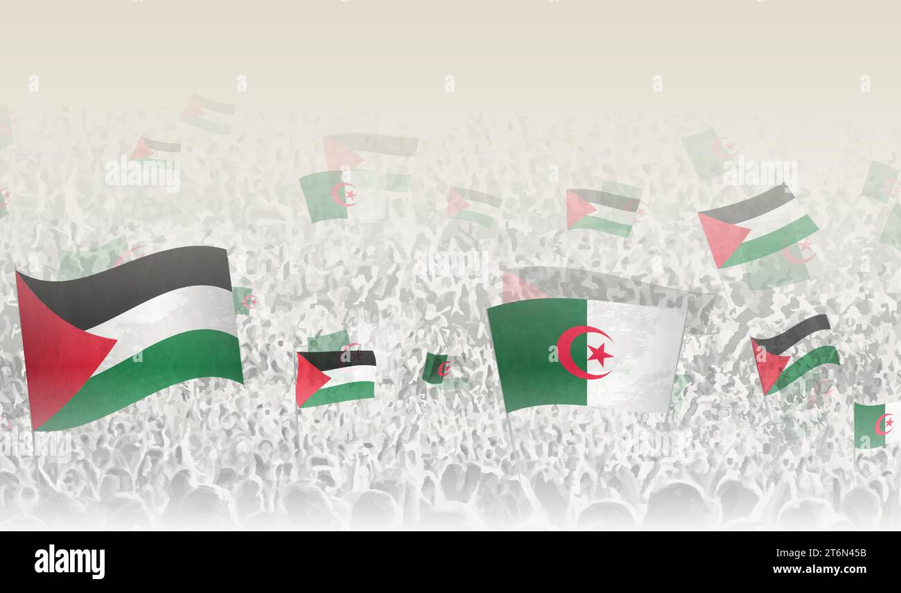 Palestine and Algeria flags in a crowd of cheering people. Crowd of people with flags. Vector illustration. Stock Vector