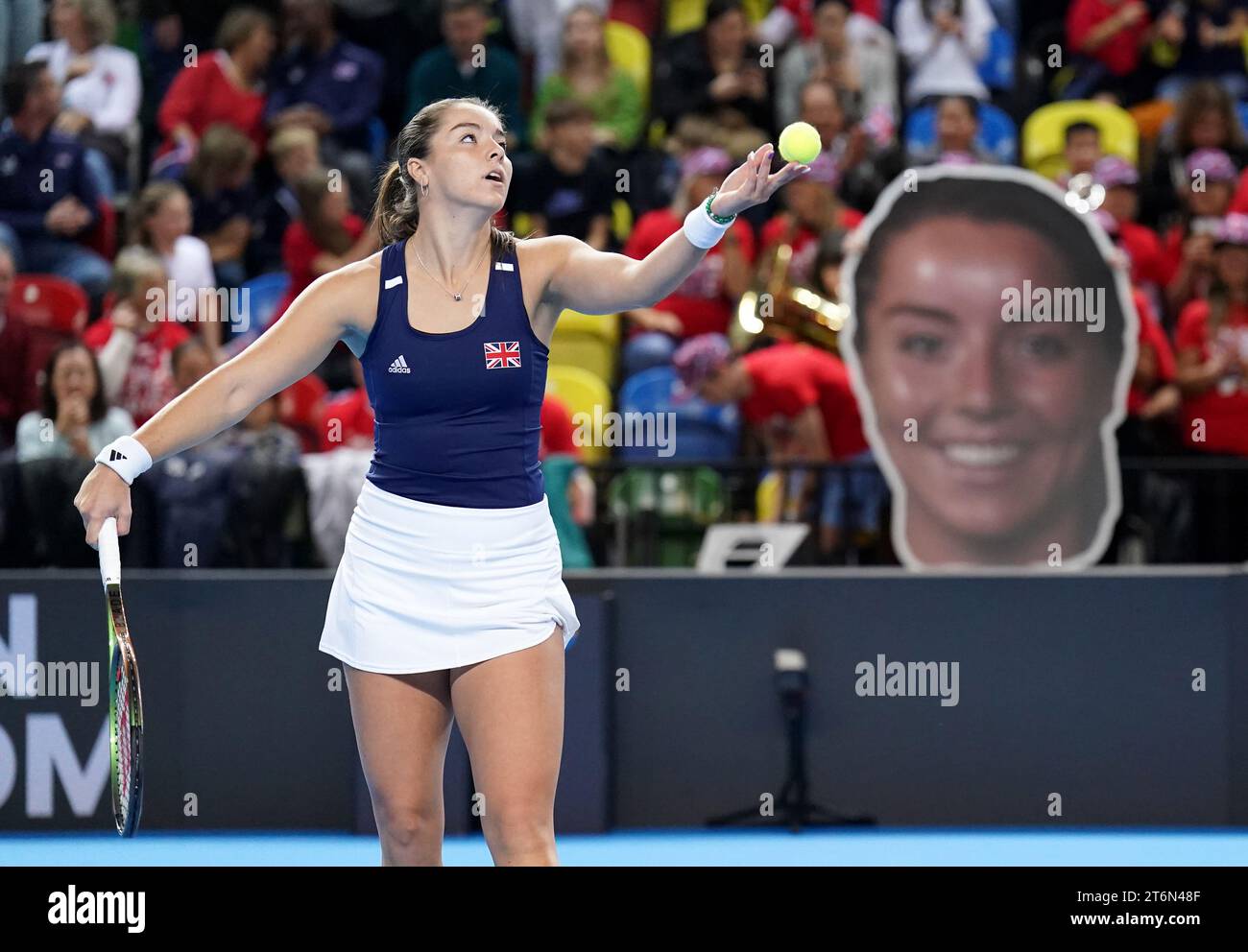 Great Britain's Jodie Burrage serves against Sweden's Kajsa Rinaldo Persson (not pictured) during day one of the 2023 Billie Jean King Cup play-off between Great Britain and Sweden at the Copper Box Arena, London. Picture date: Saturday November 11, 2023. Stock Photo