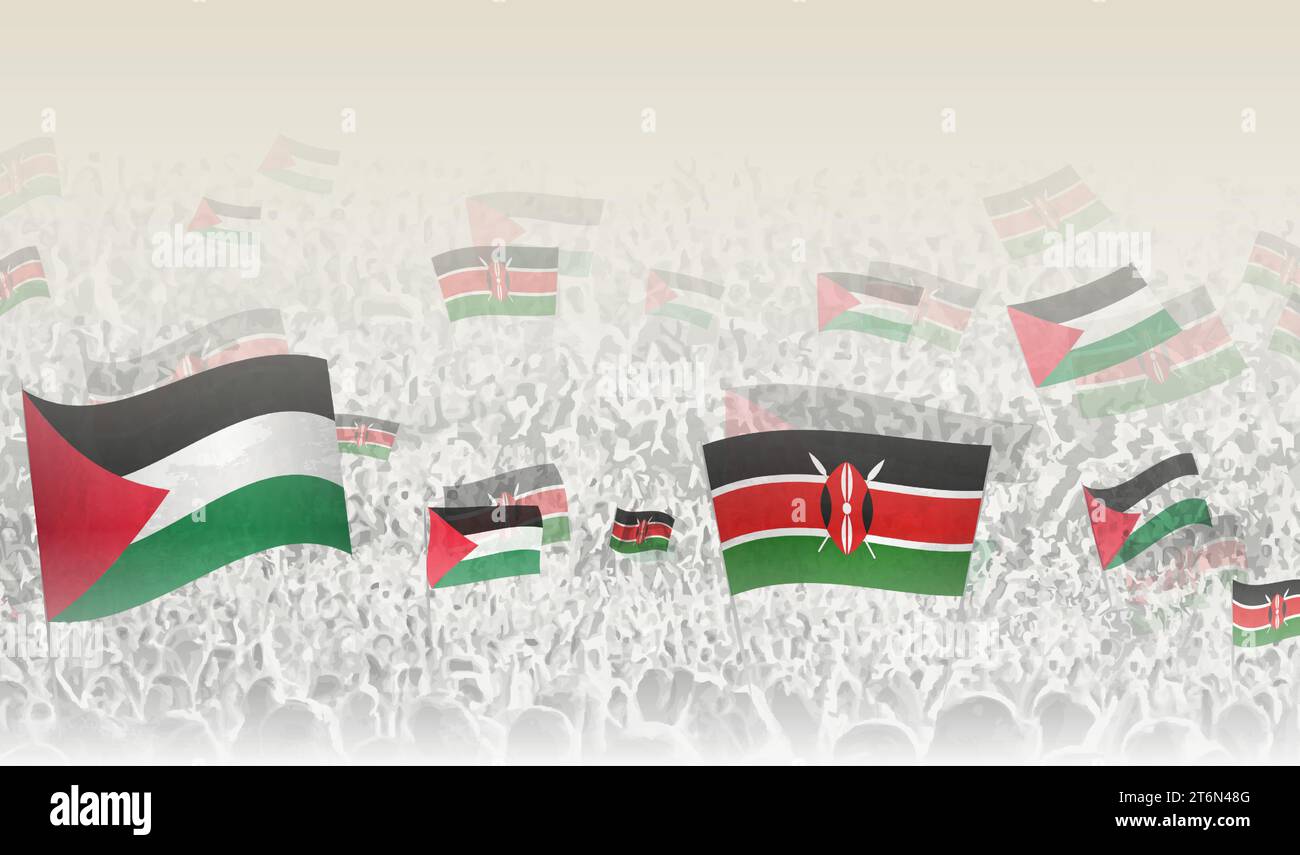 Palestine and Kenya flags in a crowd of cheering people. Crowd of people with flags. Vector illustration. Stock Vector