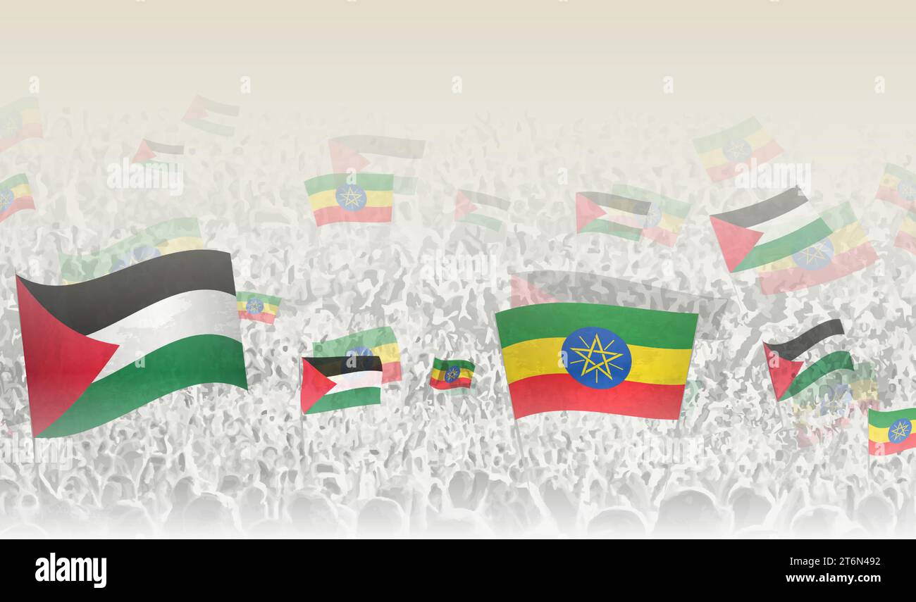 Palestine and Ethiopia flags in a crowd of cheering people. Crowd of people with flags. Vector illustration. Stock Vector