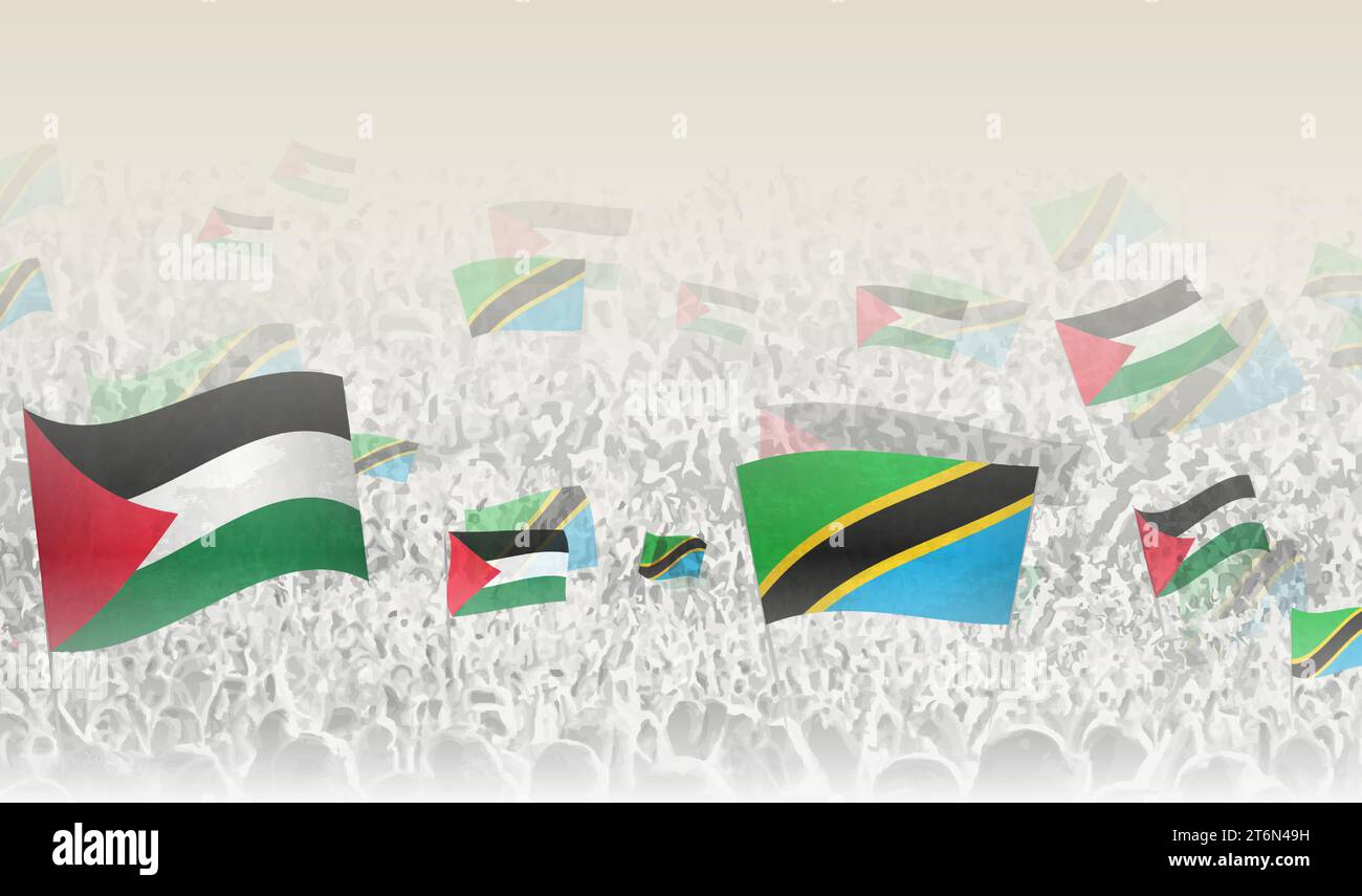 Palestine and Tanzania flags in a crowd of cheering people. Crowd of people with flags. Vector illustration. Stock Vector