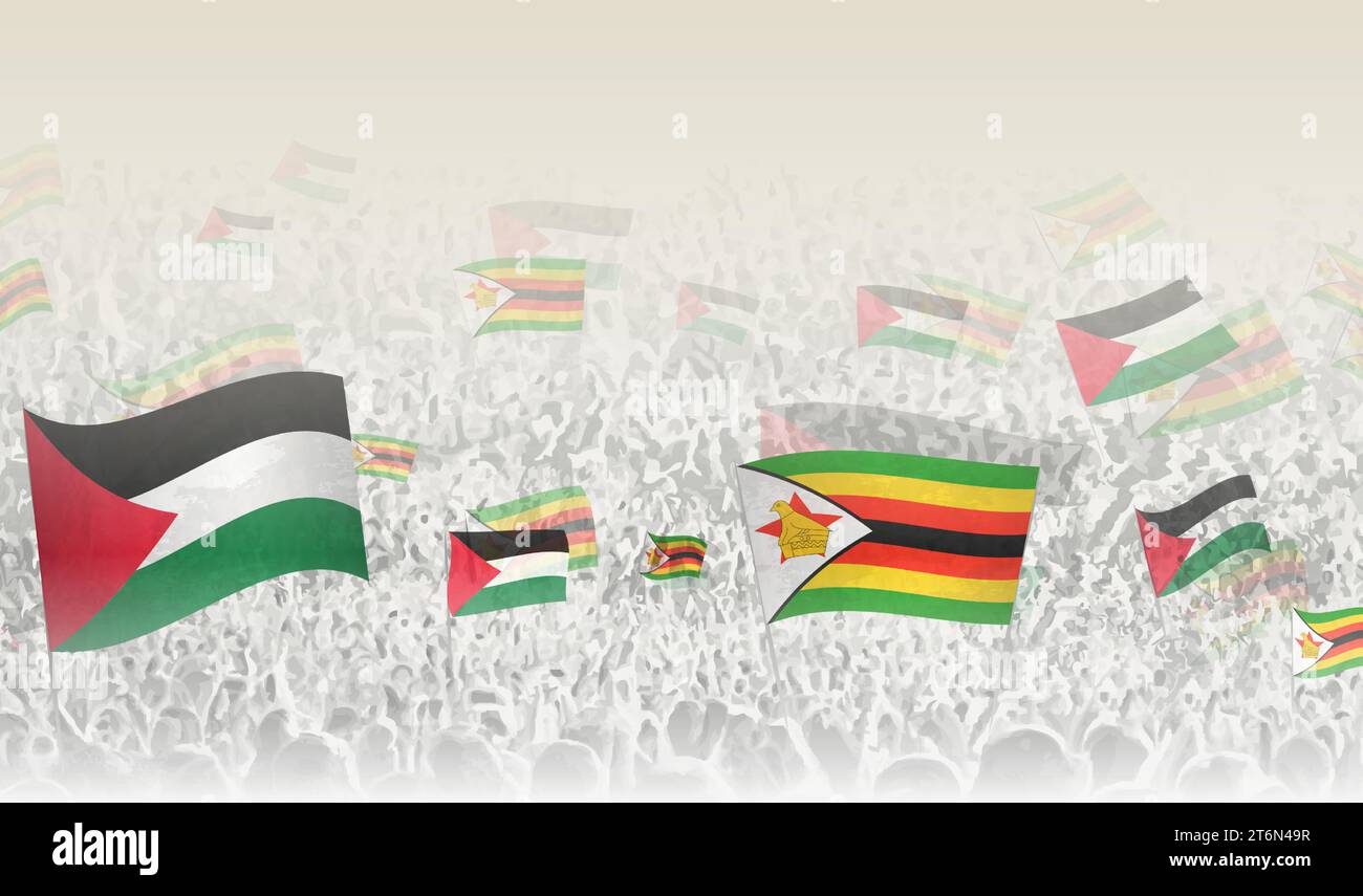 Palestine and Zimbabwe flags in a crowd of cheering people. Crowd of people with flags. Vector illustration. Stock Vector