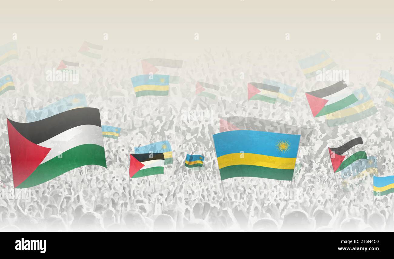 Palestine and Rwanda flags in a crowd of cheering people. Crowd of people with flags. Vector illustration. Stock Vector