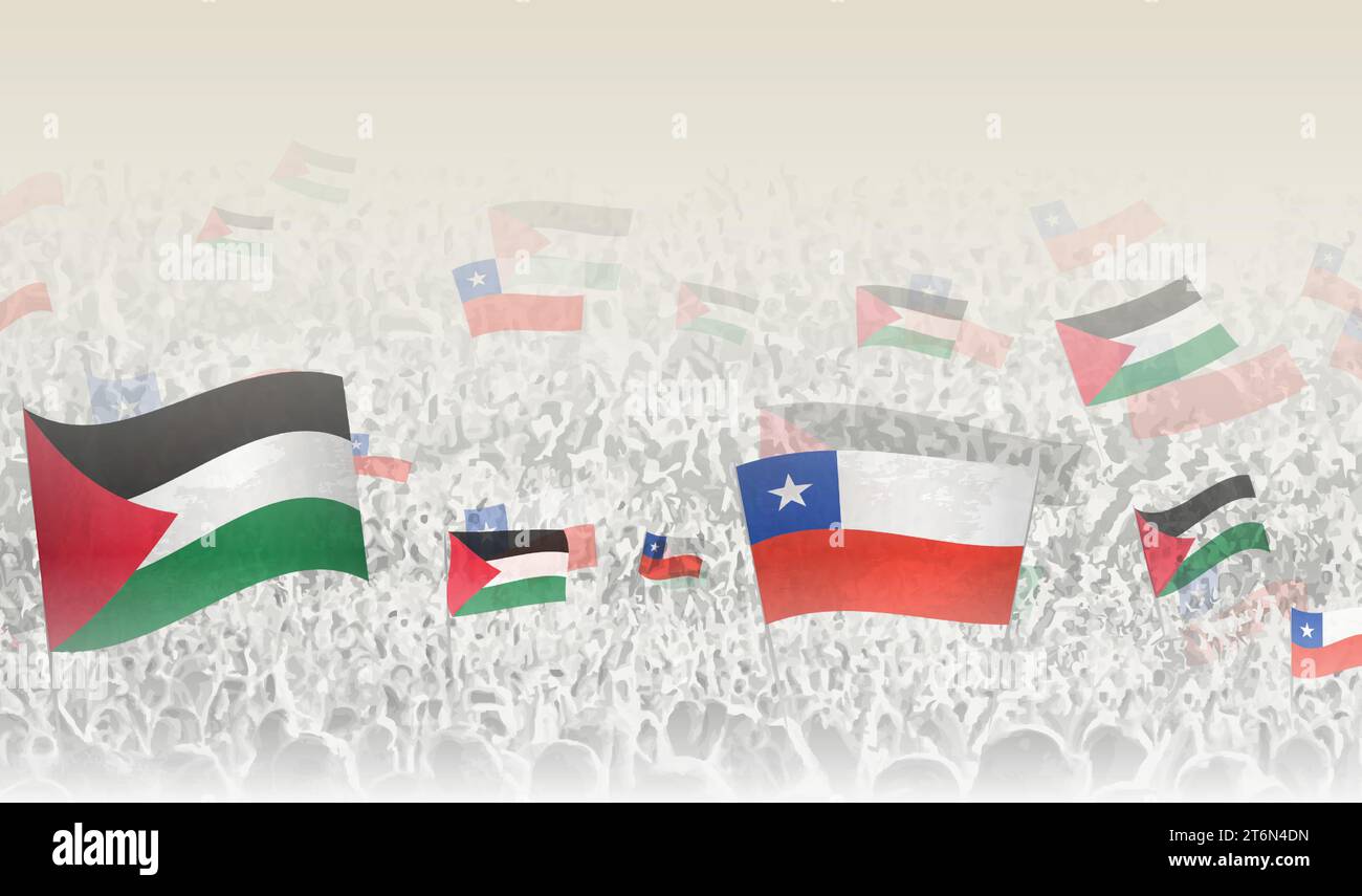 Palestine and Chile flags in a crowd of cheering people. Crowd of people with flags. Vector illustration. Stock Vector