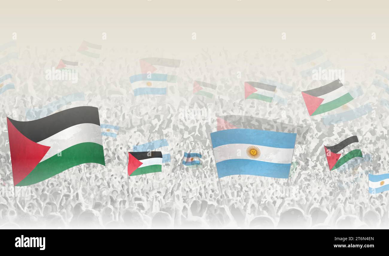 Palestine and Argentina flags in a crowd of cheering people. Crowd of people with flags. Vector illustration. Stock Vector