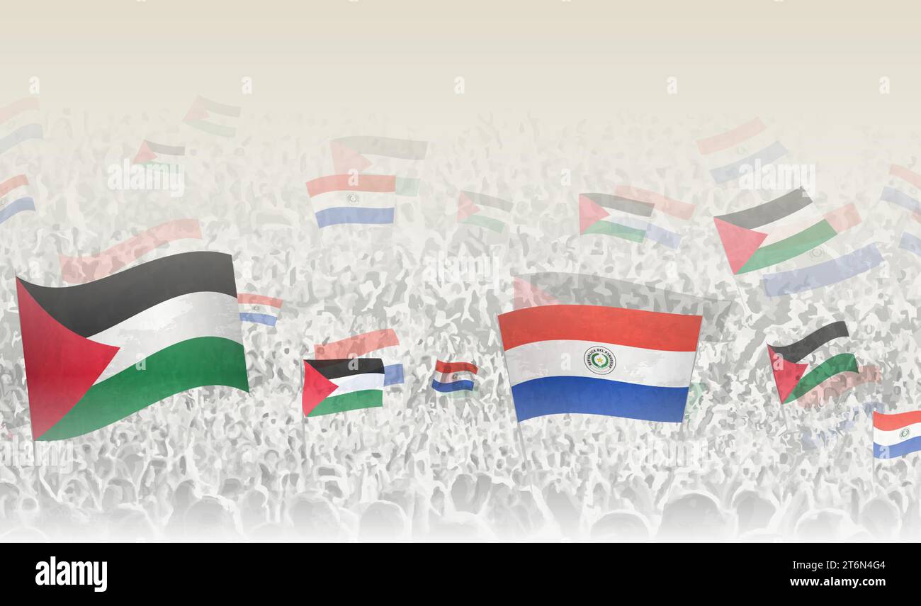 Palestine and Paraguay flags in a crowd of cheering people. Crowd of people with flags. Vector illustration. Stock Vector