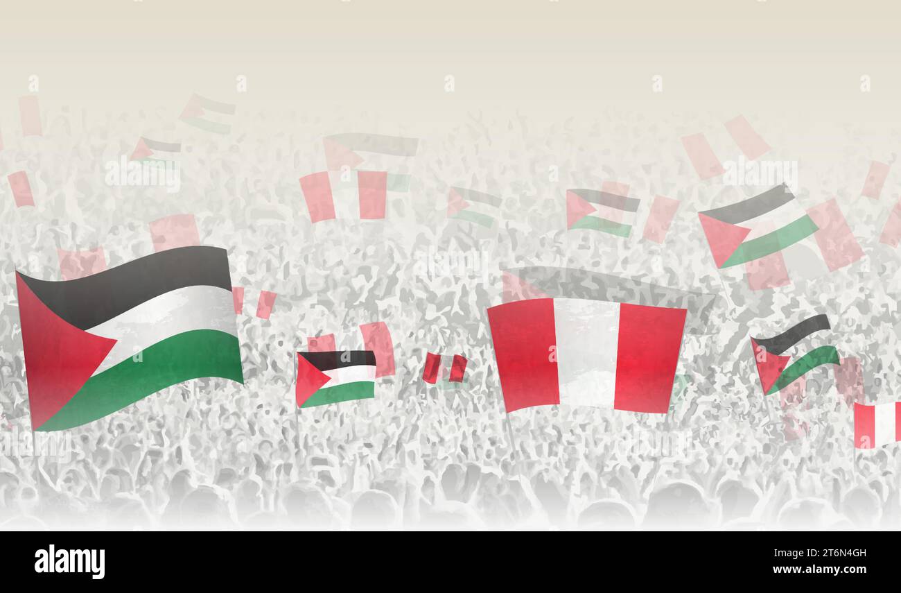 Palestine and Peru flags in a crowd of cheering people. Crowd of people with flags. Vector illustration. Stock Vector