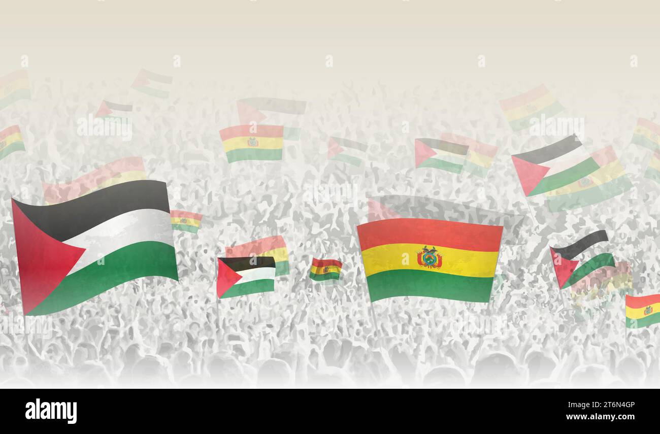 Palestine and Bolivia flags in a crowd of cheering people. Crowd of people with flags. Vector illustration. Stock Vector