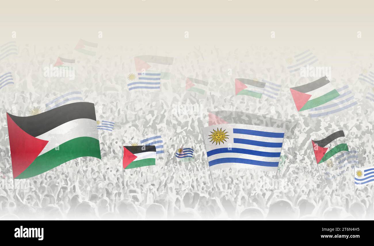 Palestine and Uruguay flags in a crowd of cheering people. Crowd of people with flags. Vector illustration. Stock Vector