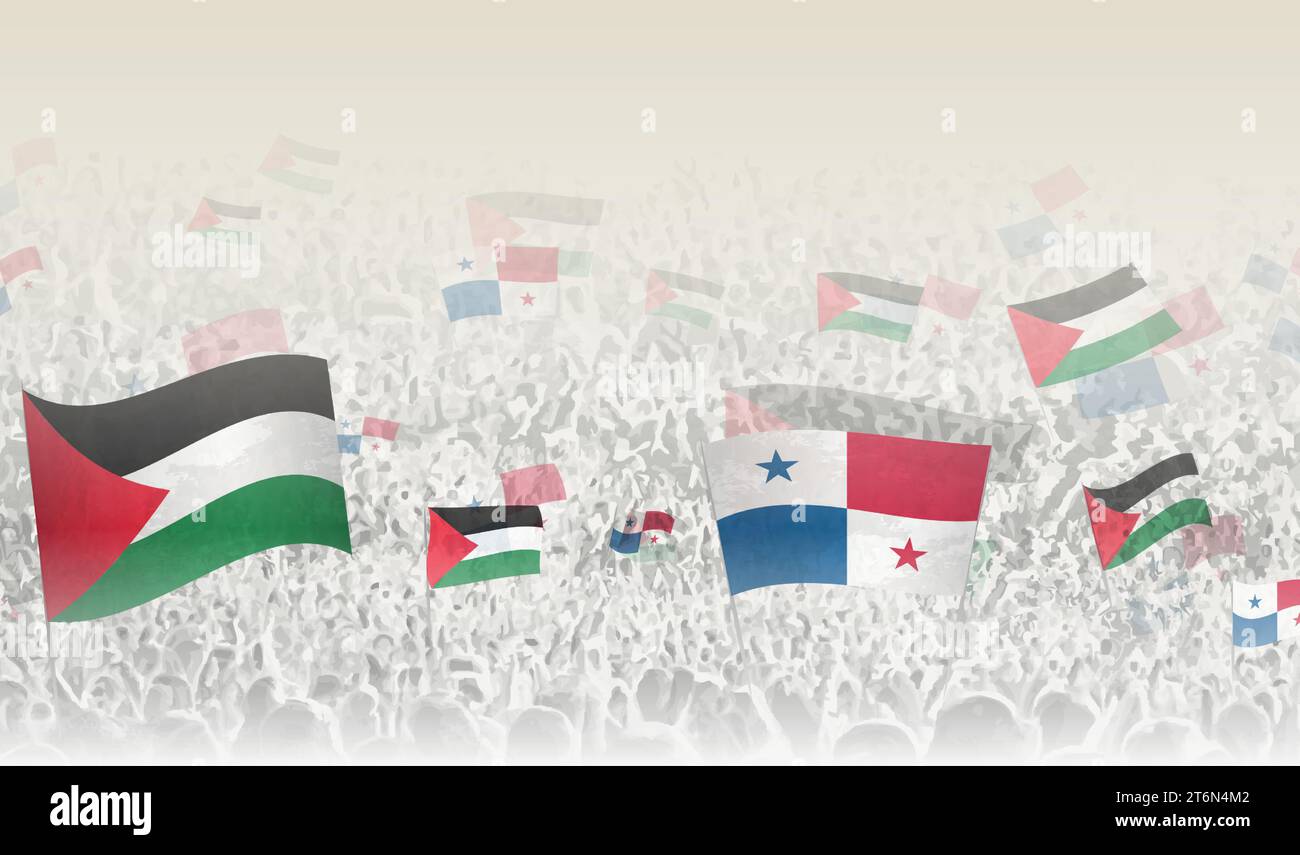 Palestine and Panama flags in a crowd of cheering people. Crowd of people with flags. Vector illustration. Stock Vector