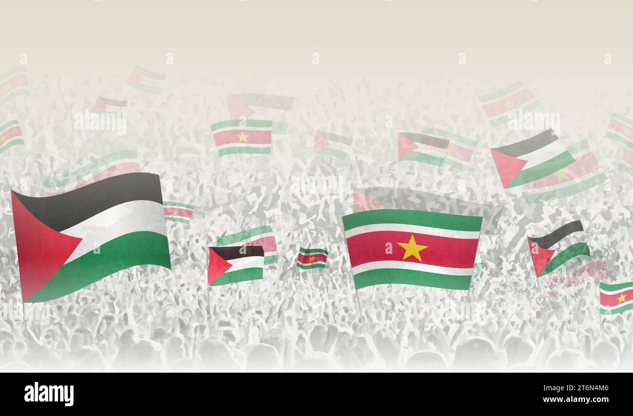 Palestine and Suriname flags in a crowd of cheering people. Crowd of people with flags. Vector illustration. Stock Vector