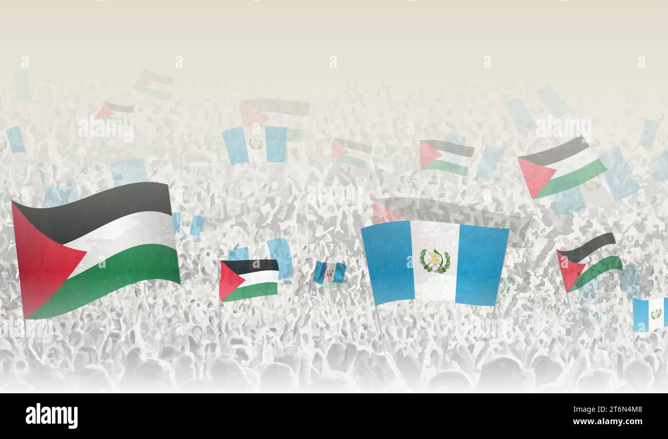 Palestine and Guatemala flags in a crowd of cheering people. Crowd of people with flags. Vector illustration. Stock Vector