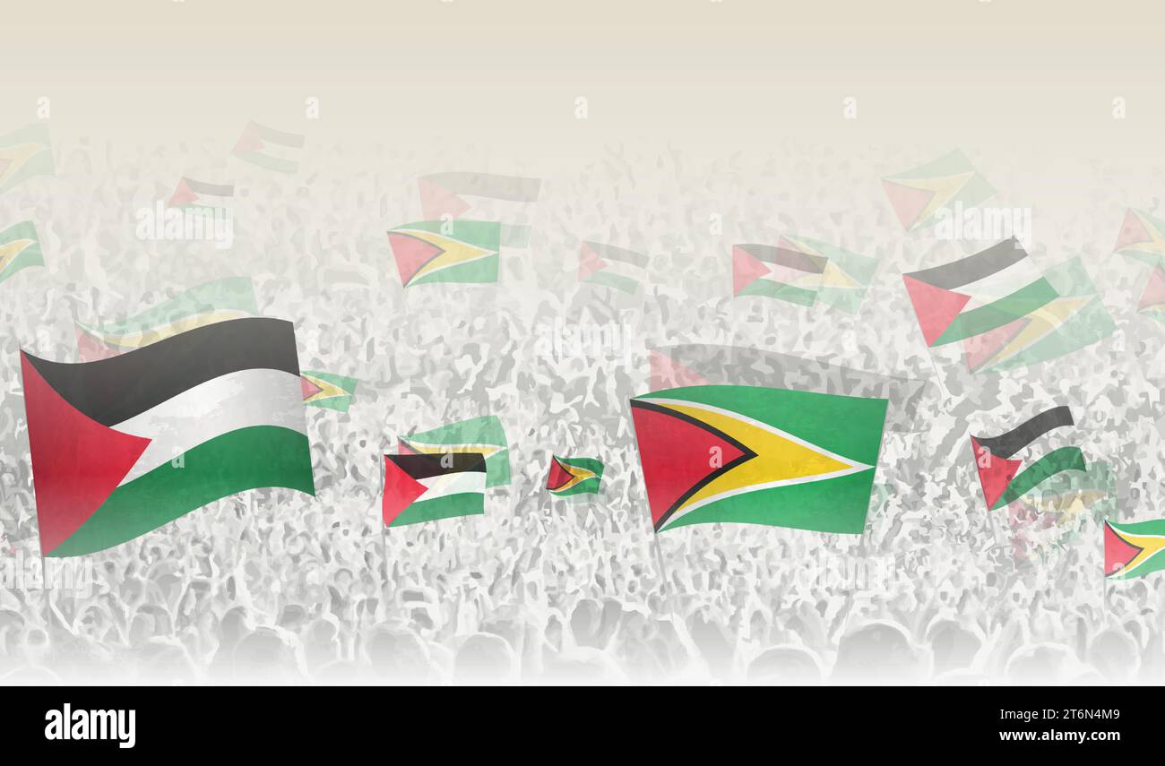 Palestine and Guyana flags in a crowd of cheering people. Crowd of people with flags. Vector illustration. Stock Vector
