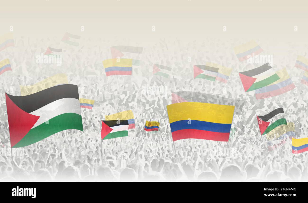 Palestine and Colombia flags in a crowd of cheering people. Crowd of people with flags. Vector illustration. Stock Vector