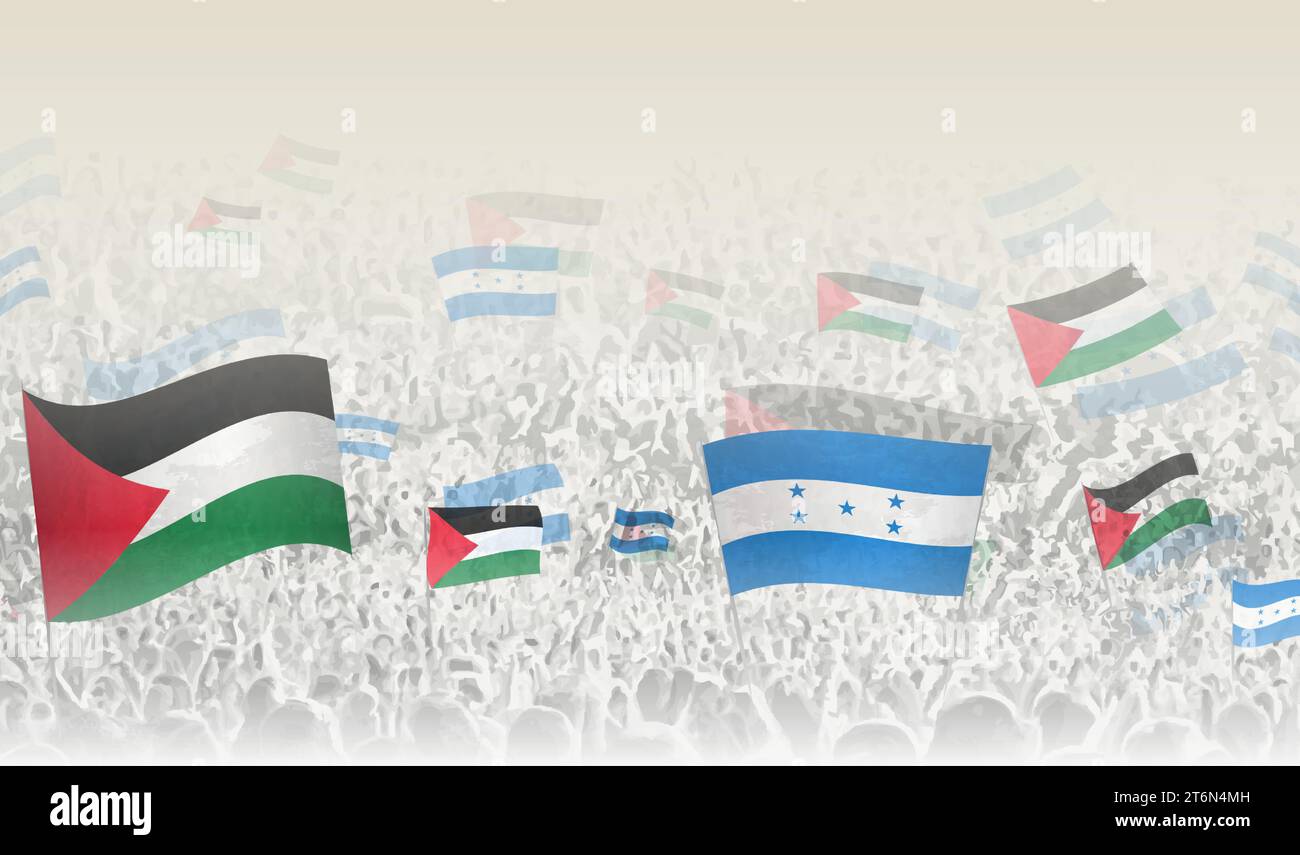 Palestine and Honduras flags in a crowd of cheering people. Crowd of people with flags. Vector illustration. Stock Vector
