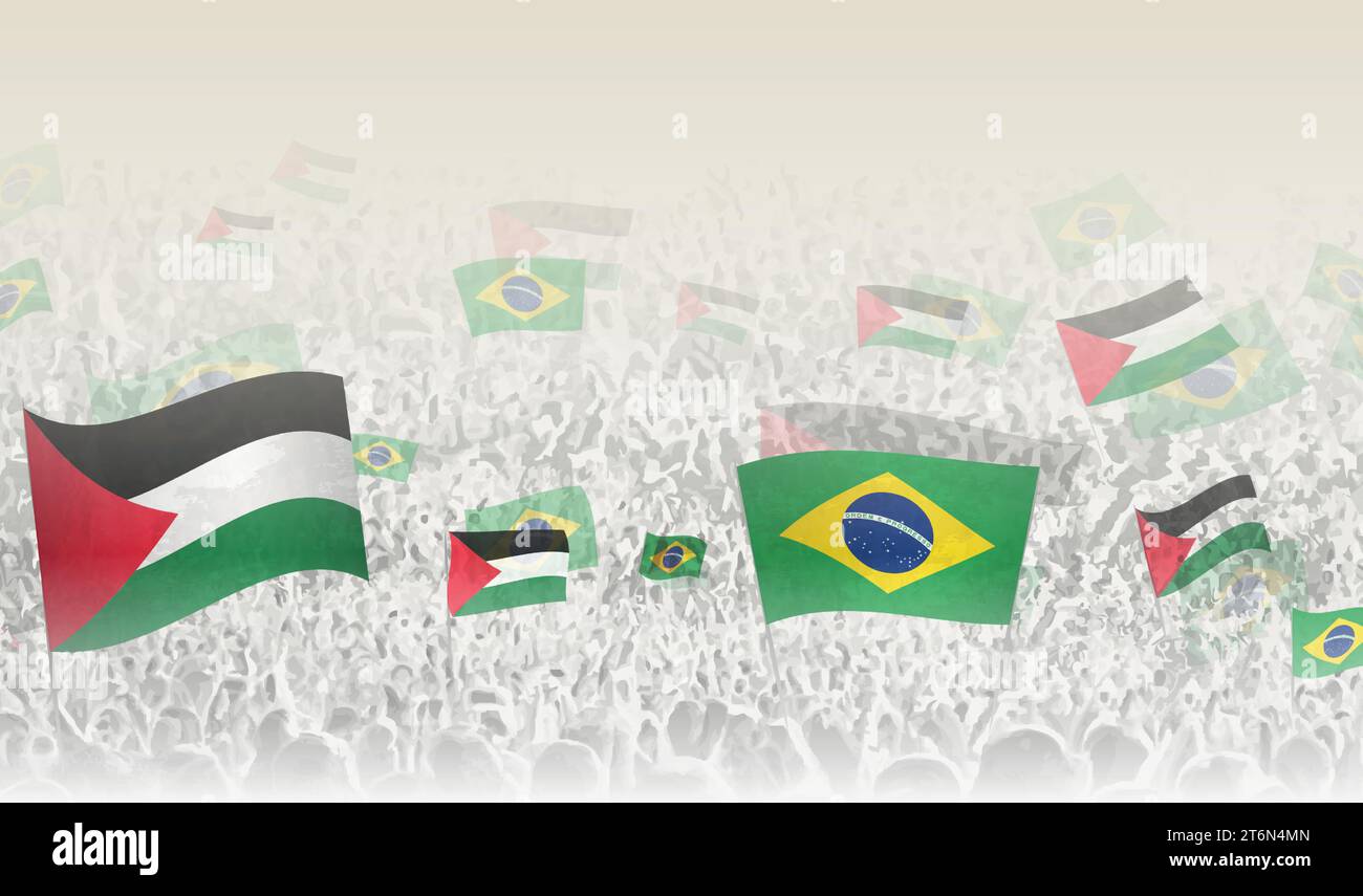 Palestine and Brazil flags in a crowd of cheering people. Crowd of people with flags. Vector illustration. Stock Vector