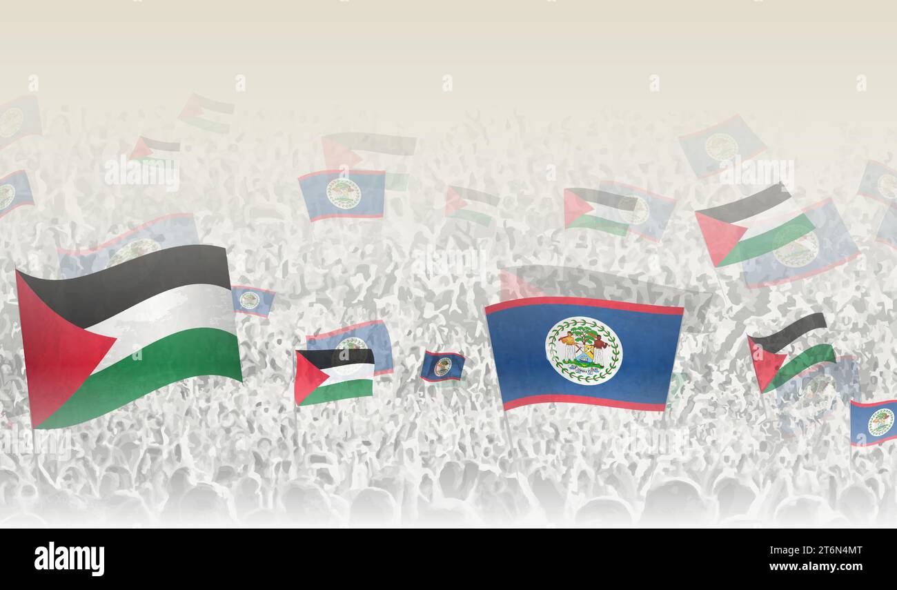 Palestine and Belize flags in a crowd of cheering people. Crowd of people with flags. Vector illustration. Stock Vector