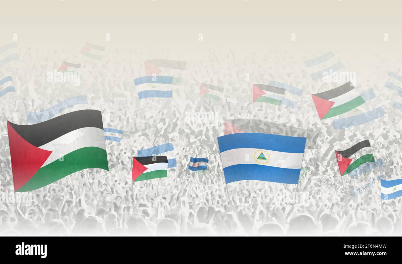Palestine and Nicaragua flags in a crowd of cheering people. Crowd of people with flags. Vector illustration. Stock Vector