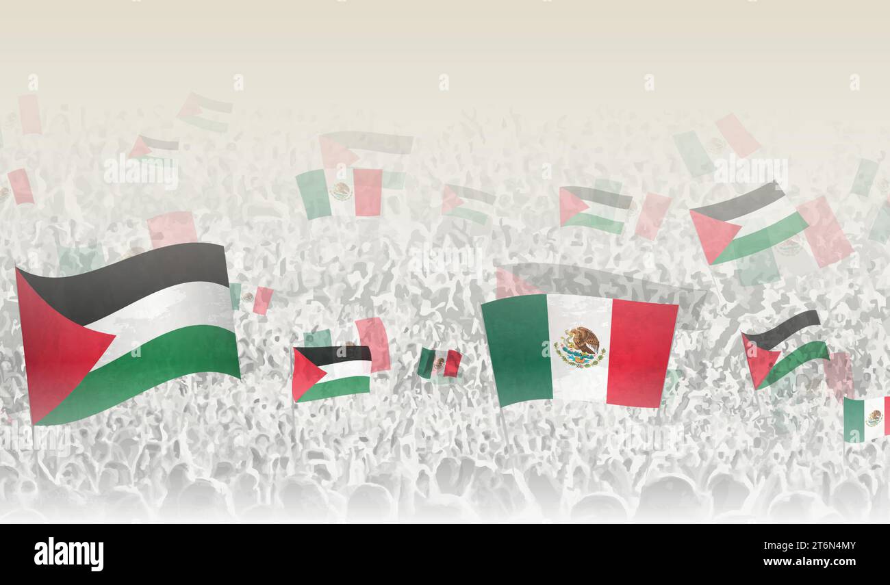 Palestine and Mexico flags in a crowd of cheering people. Crowd of people with flags. Vector illustration. Stock Vector