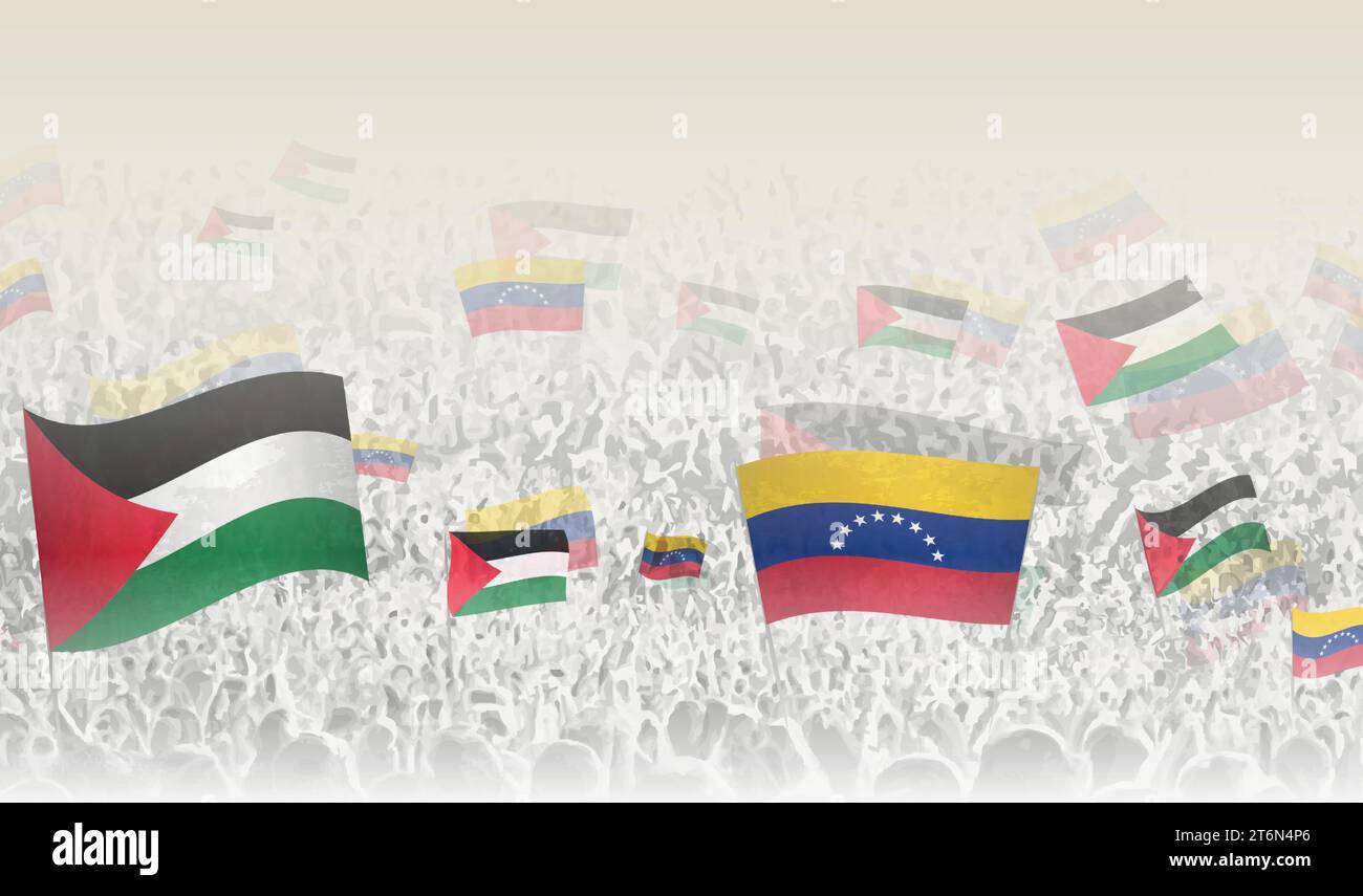 Palestine and Venezuela flags in a crowd of cheering people. Crowd of people with flags. Vector illustration. Stock Vector