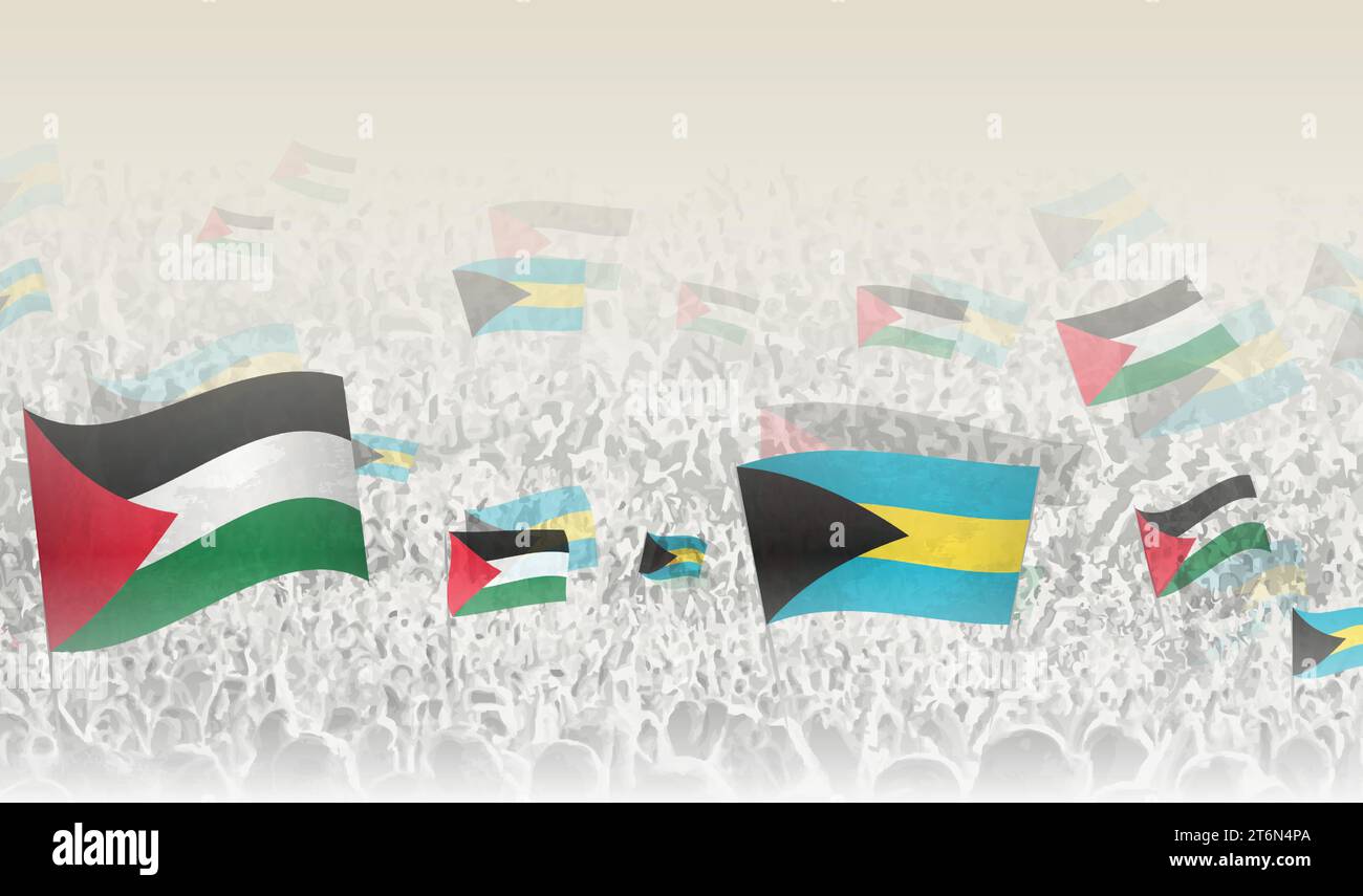 Palestine and The Bahamas flags in a crowd of cheering people. Crowd of people with flags. Vector illustration. Stock Vector