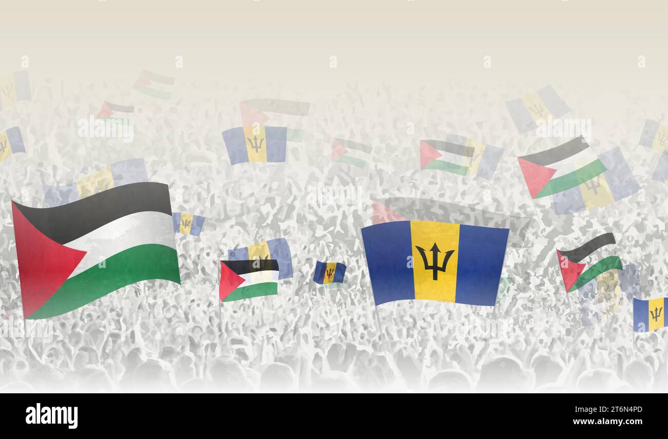 Palestine and Barbados flags in a crowd of cheering people. Crowd of people with flags. Vector illustration. Stock Vector