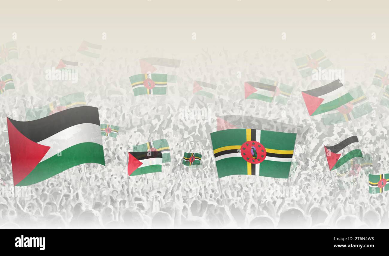 Palestine and Dominica flags in a crowd of cheering people. Crowd of people with flags. Vector illustration. Stock Vector