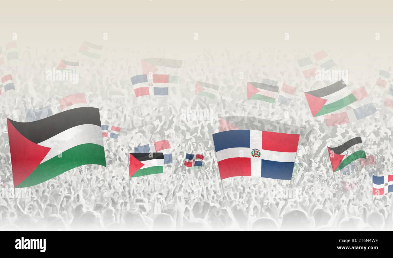 Palestine and Dominican Republic flags in a crowd of cheering people. Crowd of people with flags. Vector illustration. Stock Vector