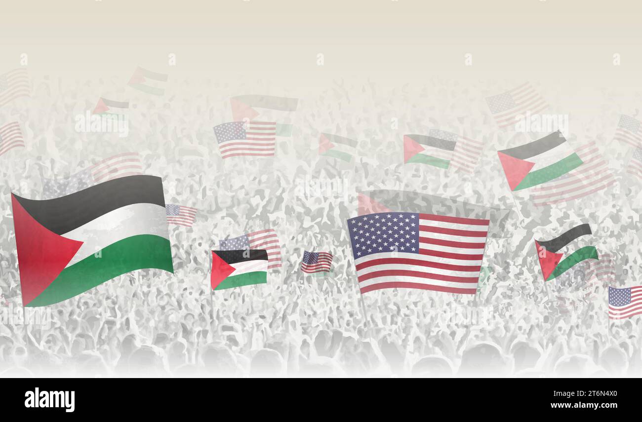 Palestine and USA flags in a crowd of cheering people. Crowd of people with flags. Vector illustration. Stock Vector