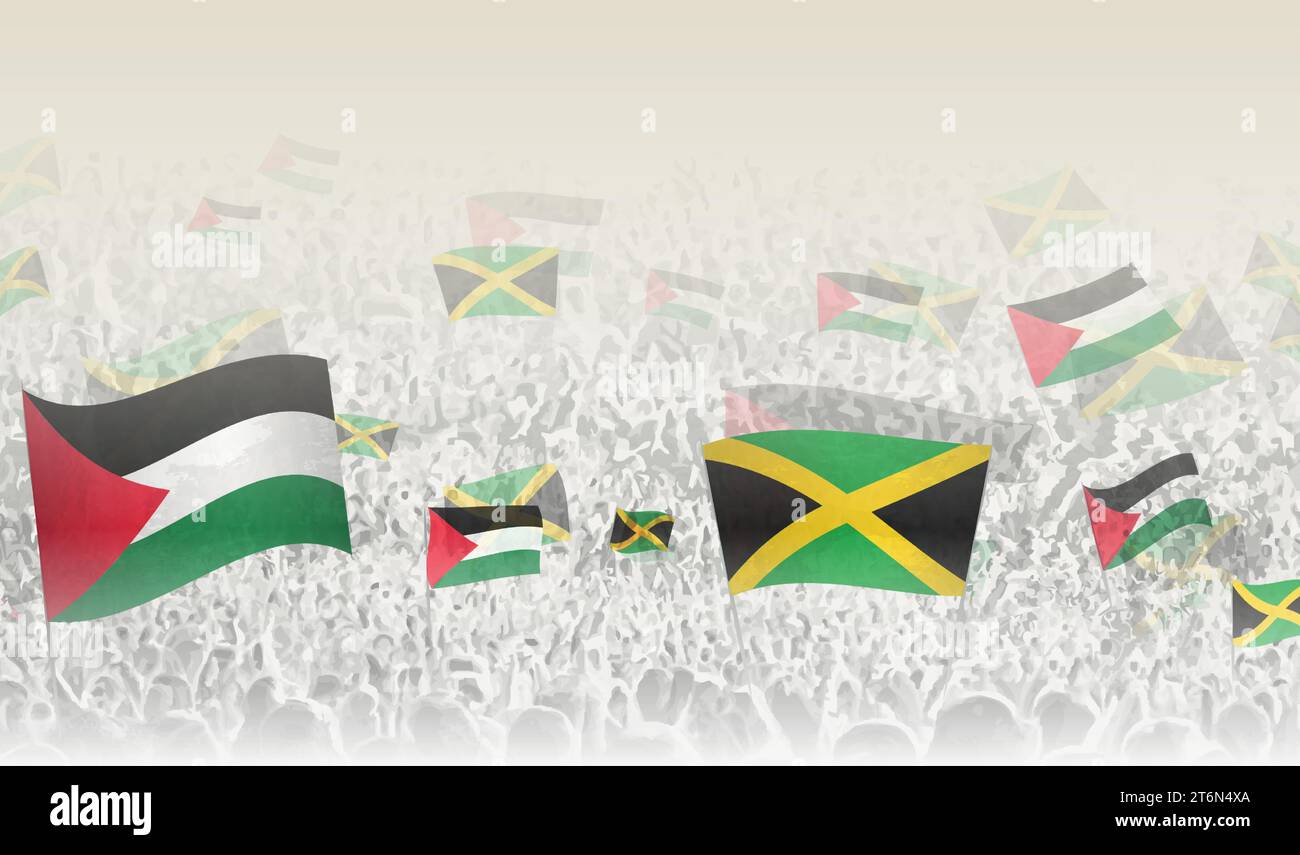 Palestine and Jamaica flags in a crowd of cheering people. Crowd of people with flags. Vector illustration. Stock Vector