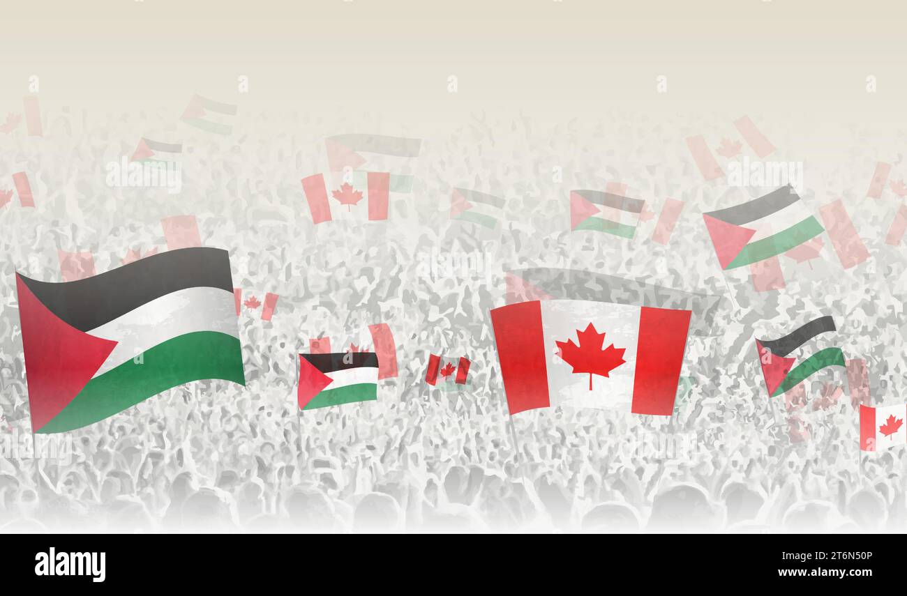Palestine and Canada flags in a crowd of cheering people. Crowd of people with flags. Vector illustration. Stock Vector