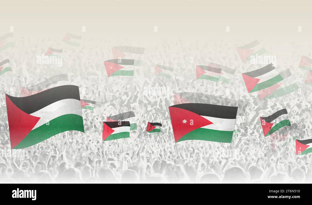 Palestine and Jordan flags in a crowd of cheering people. Crowd of people with flags. Vector
