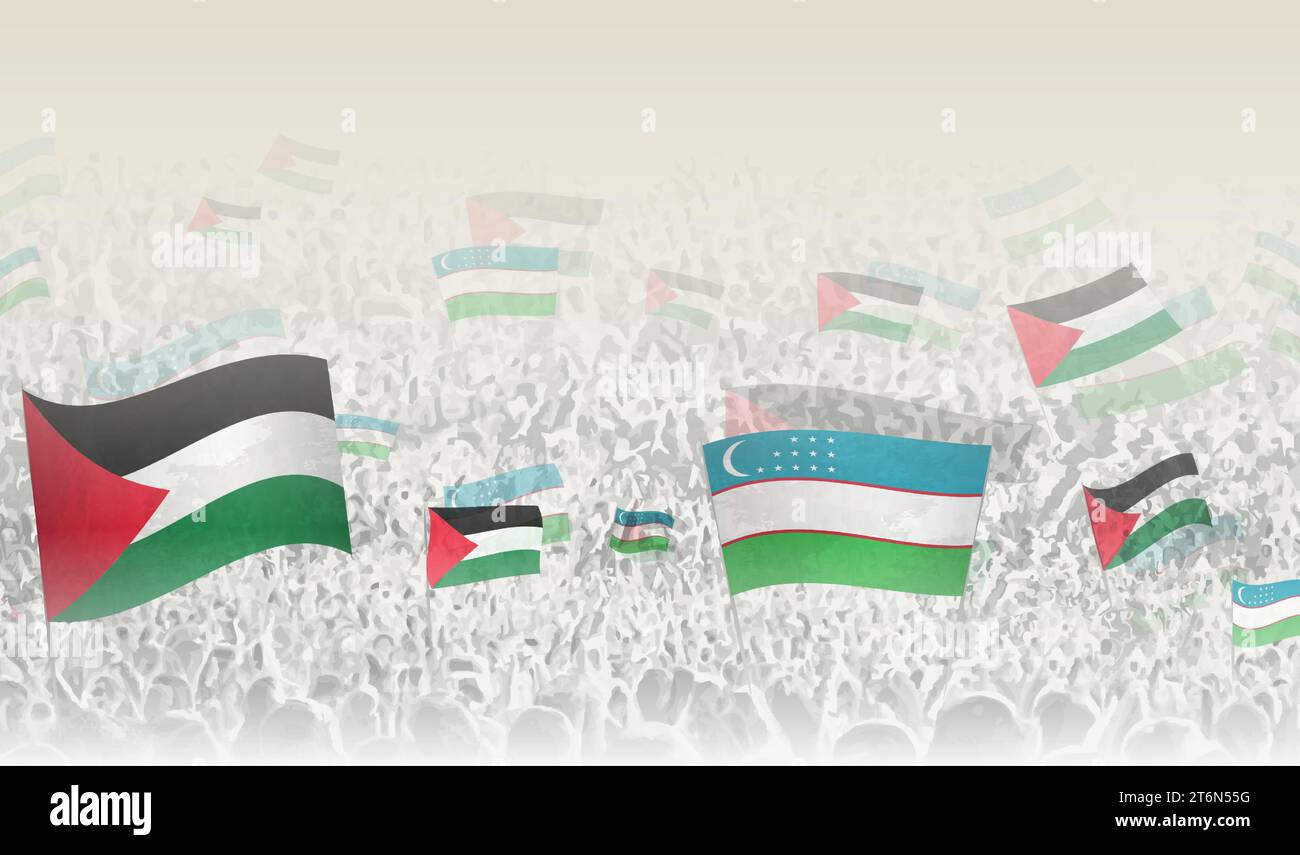 Palestine and Uzbekistan flags in a crowd of cheering people. Crowd of people with flags. Vector illustration. Stock Vector