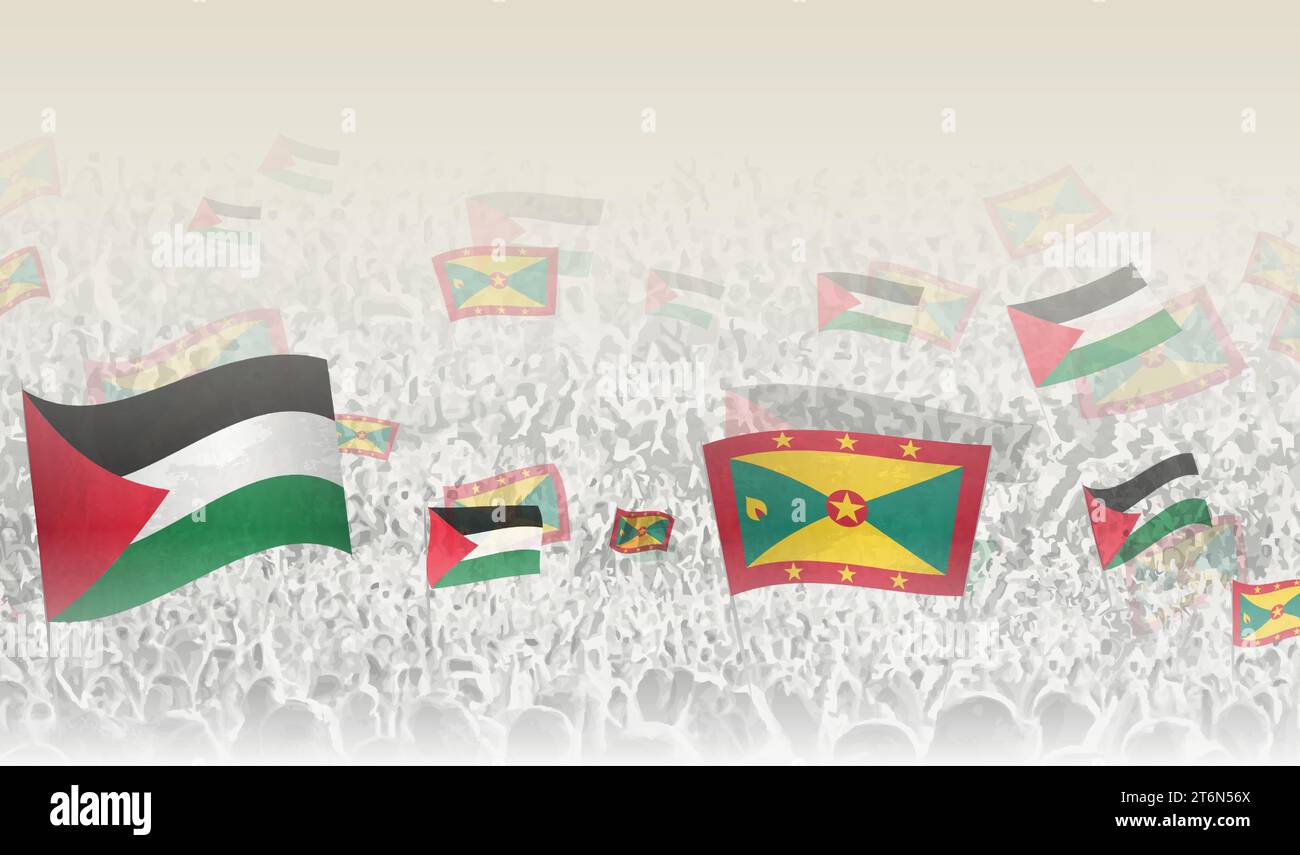 Palestine and Grenada flags in a crowd of cheering people. Crowd of people with flags. Vector illustration. Stock Vector