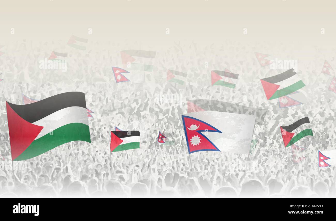 Palestine and Nepal flags in a crowd of cheering people. Crowd of people with flags. Vector illustration. Stock Vector