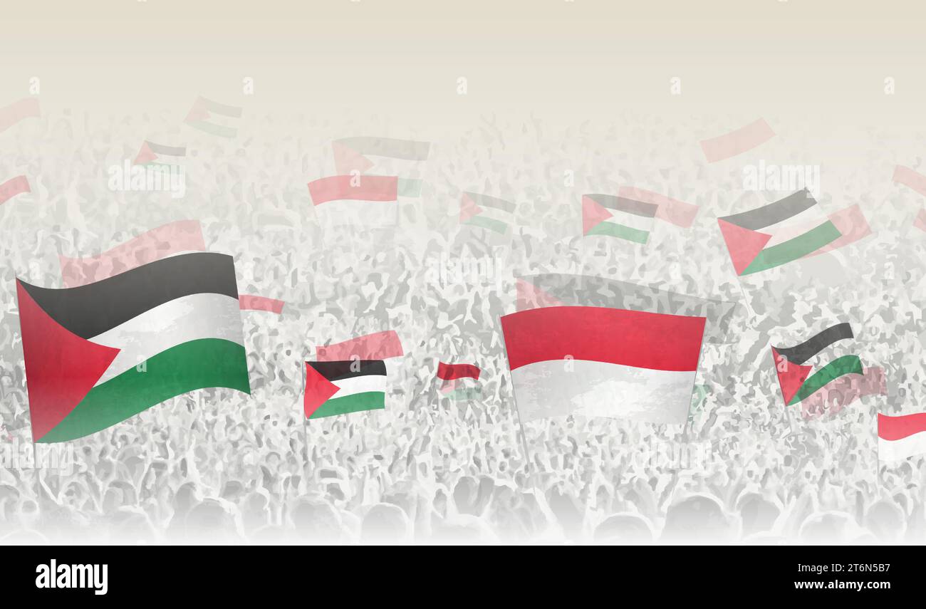 Palestine and Indonesia flags in a crowd of cheering people. Crowd of people with flags. Vector illustration. Stock Vector