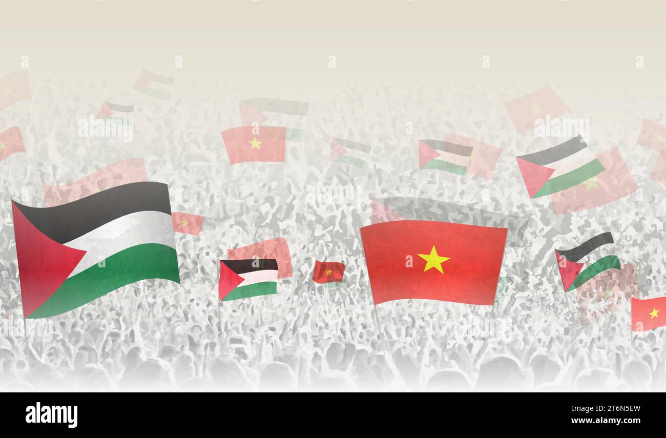 Palestine and Vietnam flags in a crowd of cheering people. Crowd of people with flags. Vector illustration. Stock Vector