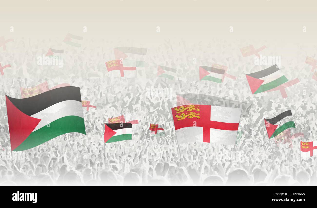 Palestine and Sark flags in a crowd of cheering people. Crowd of people with flags. Vector illustration. Stock Vector