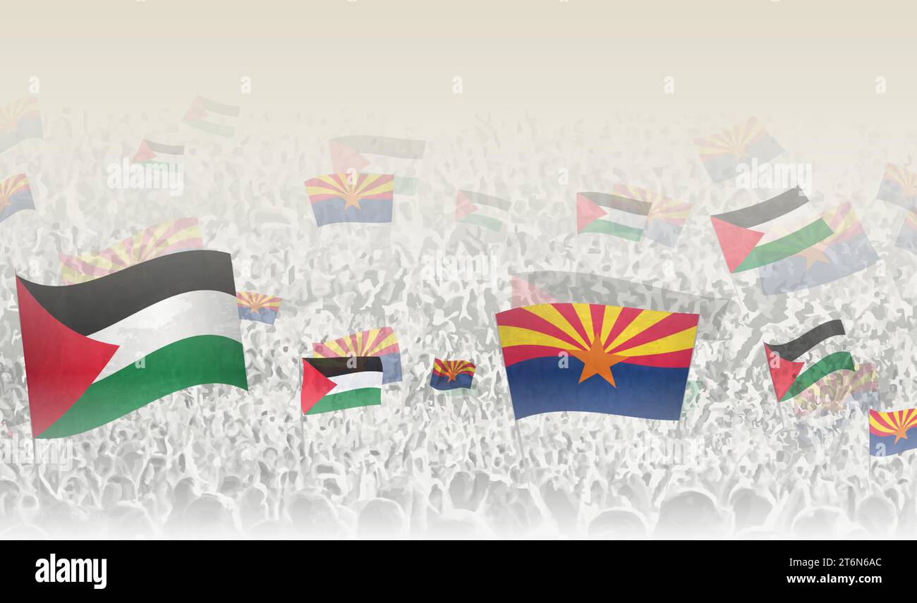Palestine and Arizona flags in a crowd of cheering people. Crowd of people with flags. Vector illustration. Stock Vector