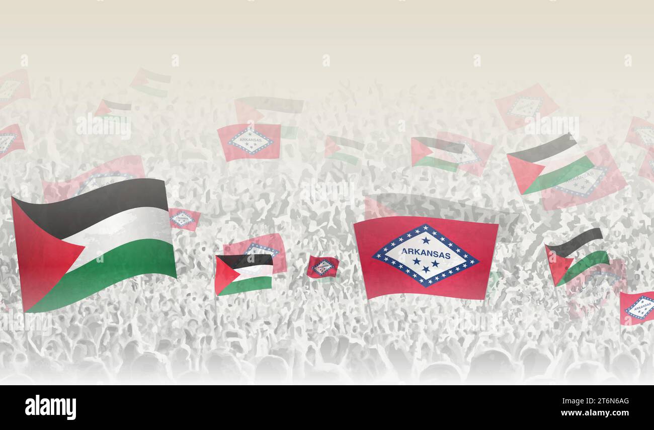 Palestine and Arkansas flags in a crowd of cheering people. Crowd of people with flags. Vector illustration. Stock Vector