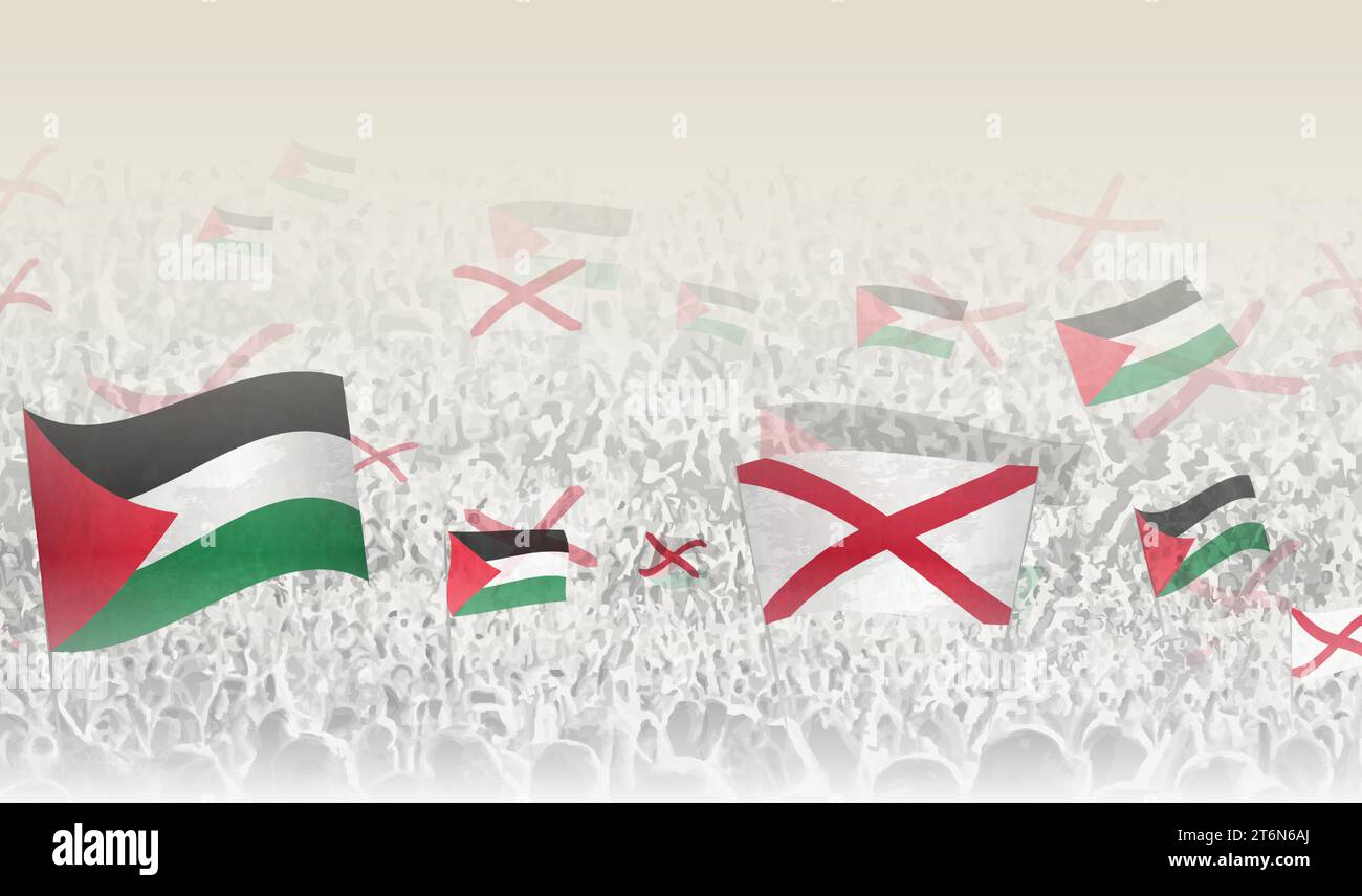 Palestine and Alabama flags in a crowd of cheering people. Crowd of people with flags. Vector illustration. Stock Vector