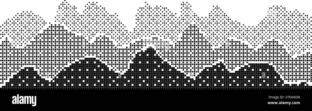 Halftone pixel mountain landscape. Background with three rows of gradient rocks. Screentone in shades of grey Stock Vector