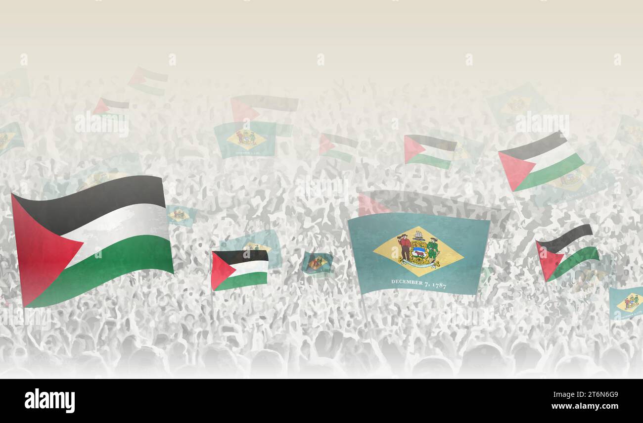 Palestine and Delaware flags in a crowd of cheering people. Crowd of people with flags. Vector illustration. Stock Vector