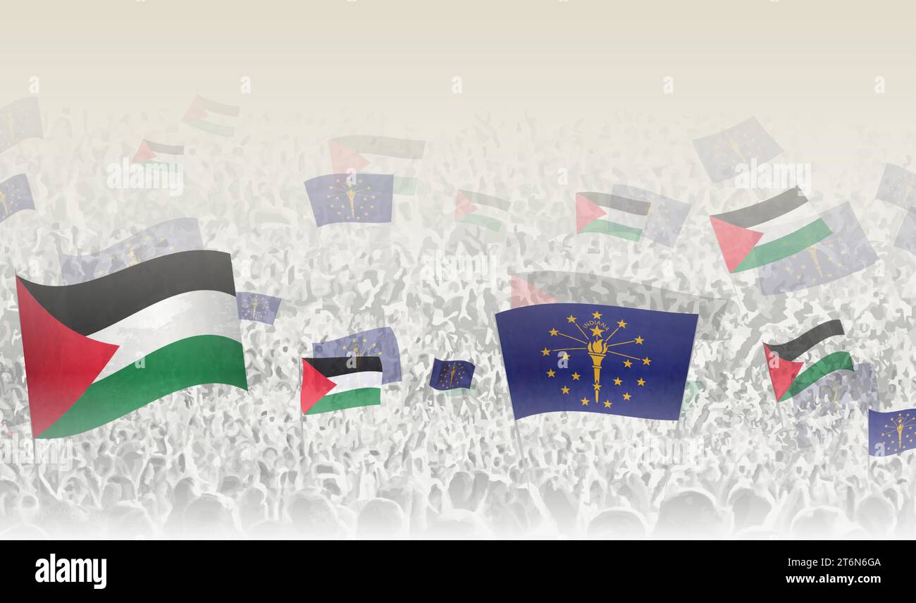 Palestine and Indiana flags in a crowd of cheering people. Crowd of people with flags. Vector illustration. Stock Vector